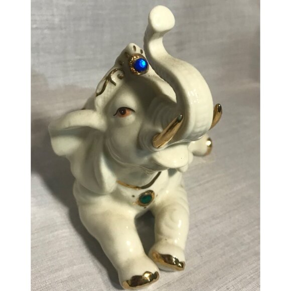 Vintage Hand-Painted Ceramic Elephant Figurine With Gemstone Accents - Picture 6 of 8